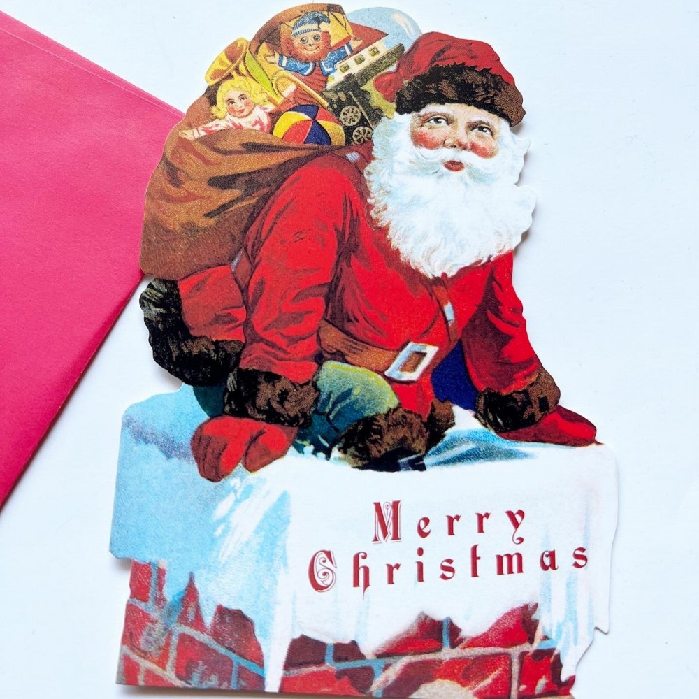 No.047 Vintage Down the Chimney Santa Die Cut Christmas Cards