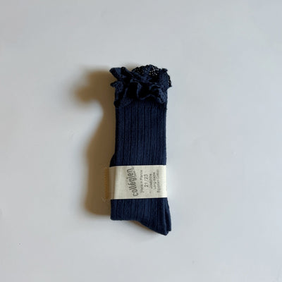 Coll&#233;gien Josephine Lace-Trim Ribbed Knee-high Socks / Nuit Etoilee