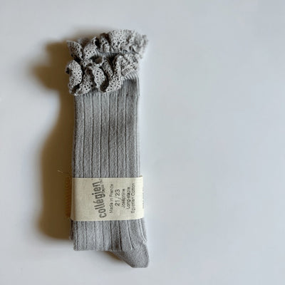 Coll&#233;gien Josephine Lace-Trim Ribbed Knee-high Socks / Jour de Pluie