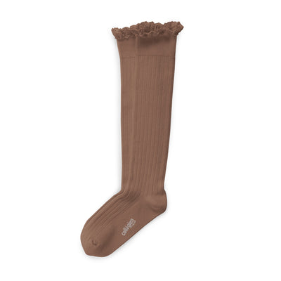 Coll&#233;gien Josephine Lace-Trim Ribbed Knee-high Socks / Praline de Lyon