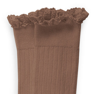 Coll&#233;gien Josephine Lace-Trim Ribbed Knee-high Socks / Praline de Lyon