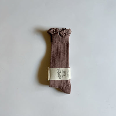 Coll&#233;gien Josephine Lace-Trim Ribbed Knee-high Socks / Praline de Lyon