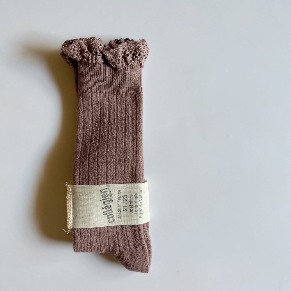 [30%OFF!]Coll&#233;gien Josephine Lace-Trim Ribbed Knee-high Socks / Praline de Lyon