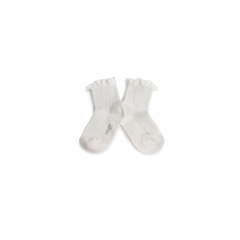 Coll&#233;gien Lili Lace Trim Ribbed Ankle Socks / Blanc Neige