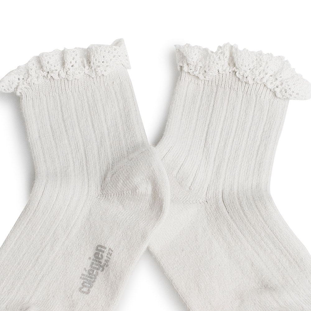 Coll&#233;gien Lili Lace Trim Ribbed Ankle Socks / Blanc Neige