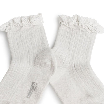 Coll&#233;gien Lili Lace Trim Ribbed Ankle Socks / Blanc Neige