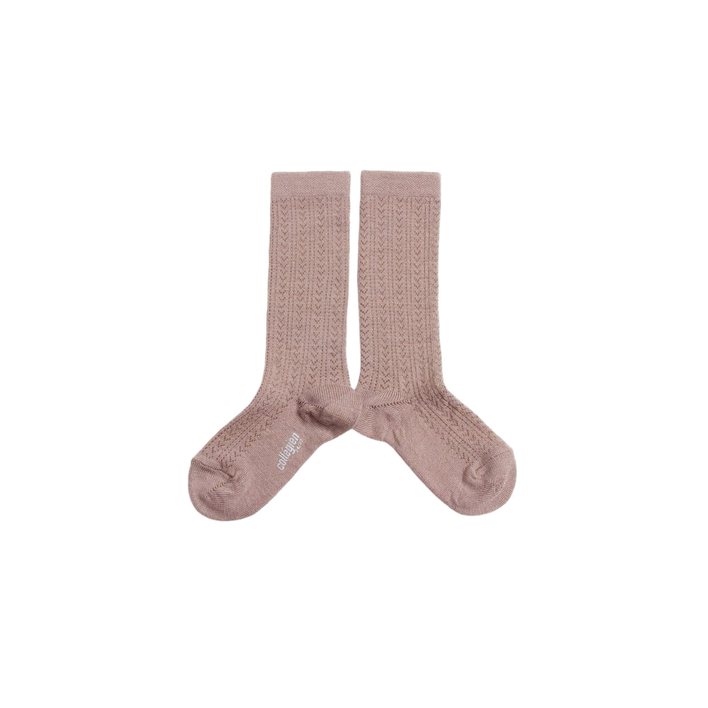 Coll&#233;gien Adele Pointelle Merino Wool Knee-high Socks / Vieux Rose