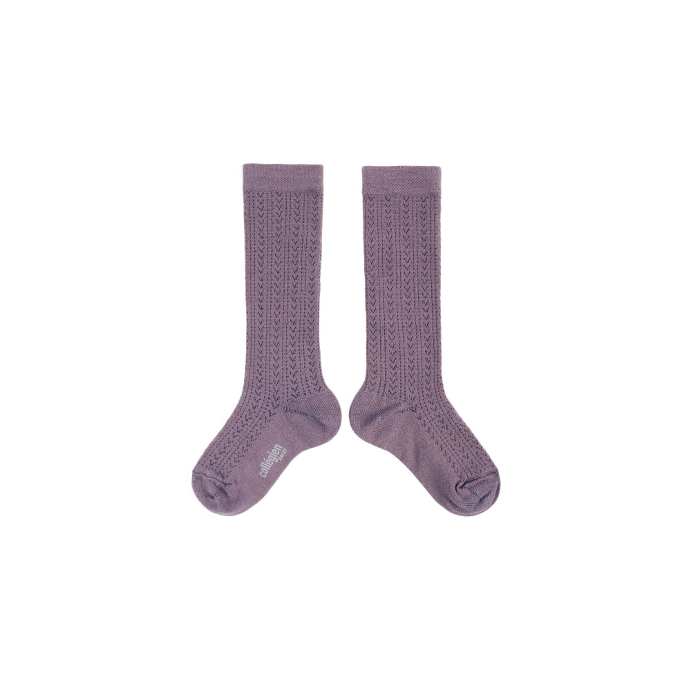 Coll&#233;gien Adele Pointelle Merino Wool Knee-high Socks / Glycine du Japon