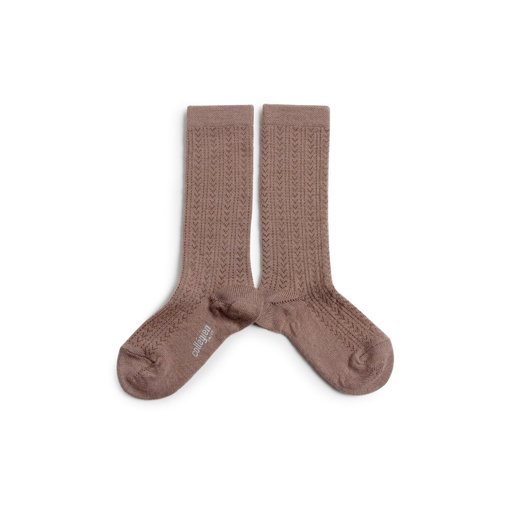 Coll&#233;gien Adele Pointelle Merino Wool Knee-high Socks / Praline de Lyon