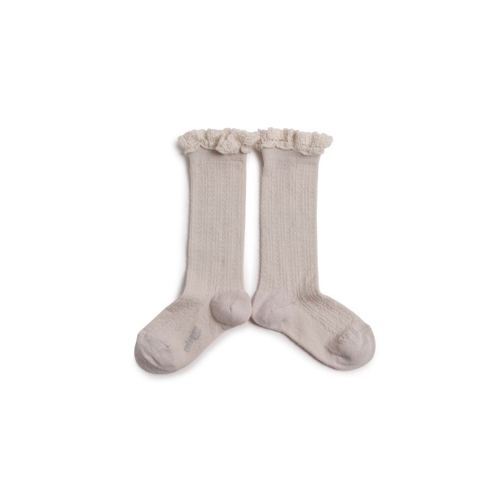 Coll&#233;gien Adeline Pointelle Merino Wool Knee-high Socks with Merino Lace Trim / Doux Agneaux