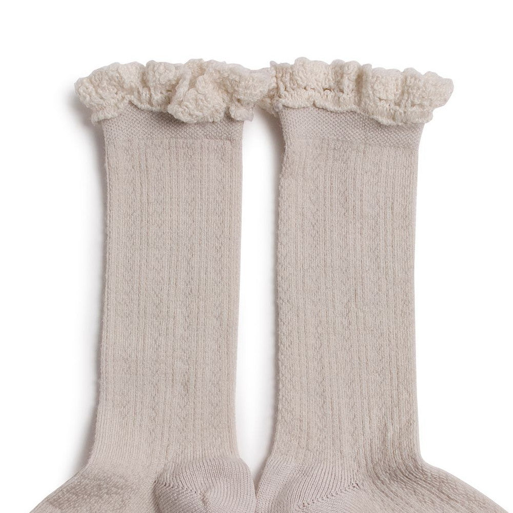 Coll&#233;gien Adeline Pointelle Merino Wool Knee-high Socks with Merino Lace Trim / Doux Agneaux