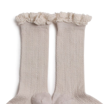 Coll&#233;gien Adeline Pointelle Merino Wool Knee-high Socks with Merino Lace Trim / Doux Agneaux