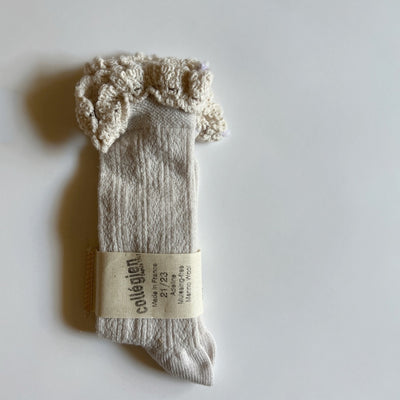 Collégien Adeline Pointelle Merino Wool Knee-high Socks with Merino Lace Trim / Doux Agneaux