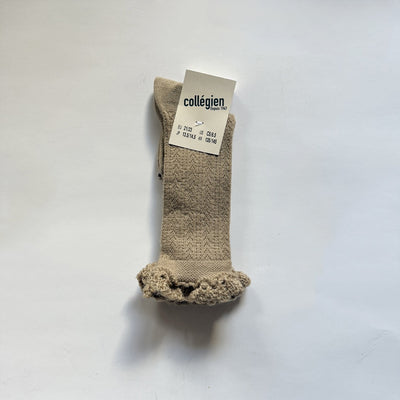 Coll&#233;gien Adeline Pointelle Merino Wool Knee-high Socks with Merino Lace Trim / Petite Taupe