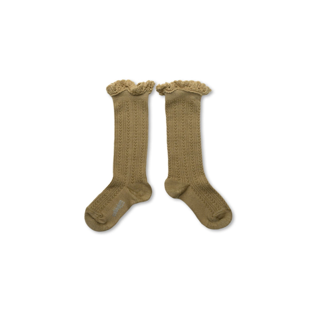 Coll&#233;gien Adeline Pointelle Merino Wool Knee-high Socks with Merino Lace Trim / Petite Taupe