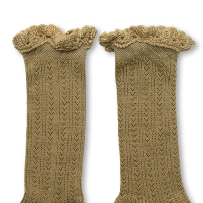 Coll&#233;gien Adeline Pointelle Merino Wool Knee-high Socks with Merino Lace Trim / Petite Taupe