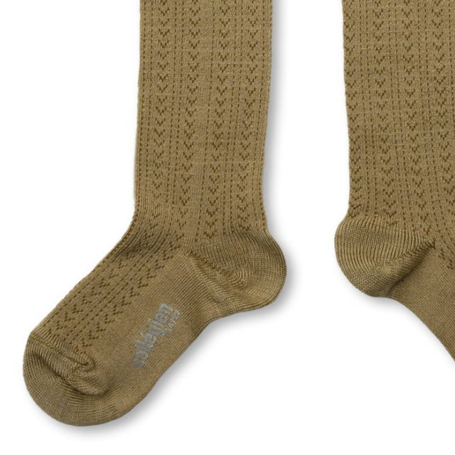 Coll&#233;gien Adeline Pointelle Merino Wool Knee-high Socks with Merino Lace Trim / Petite Taupe