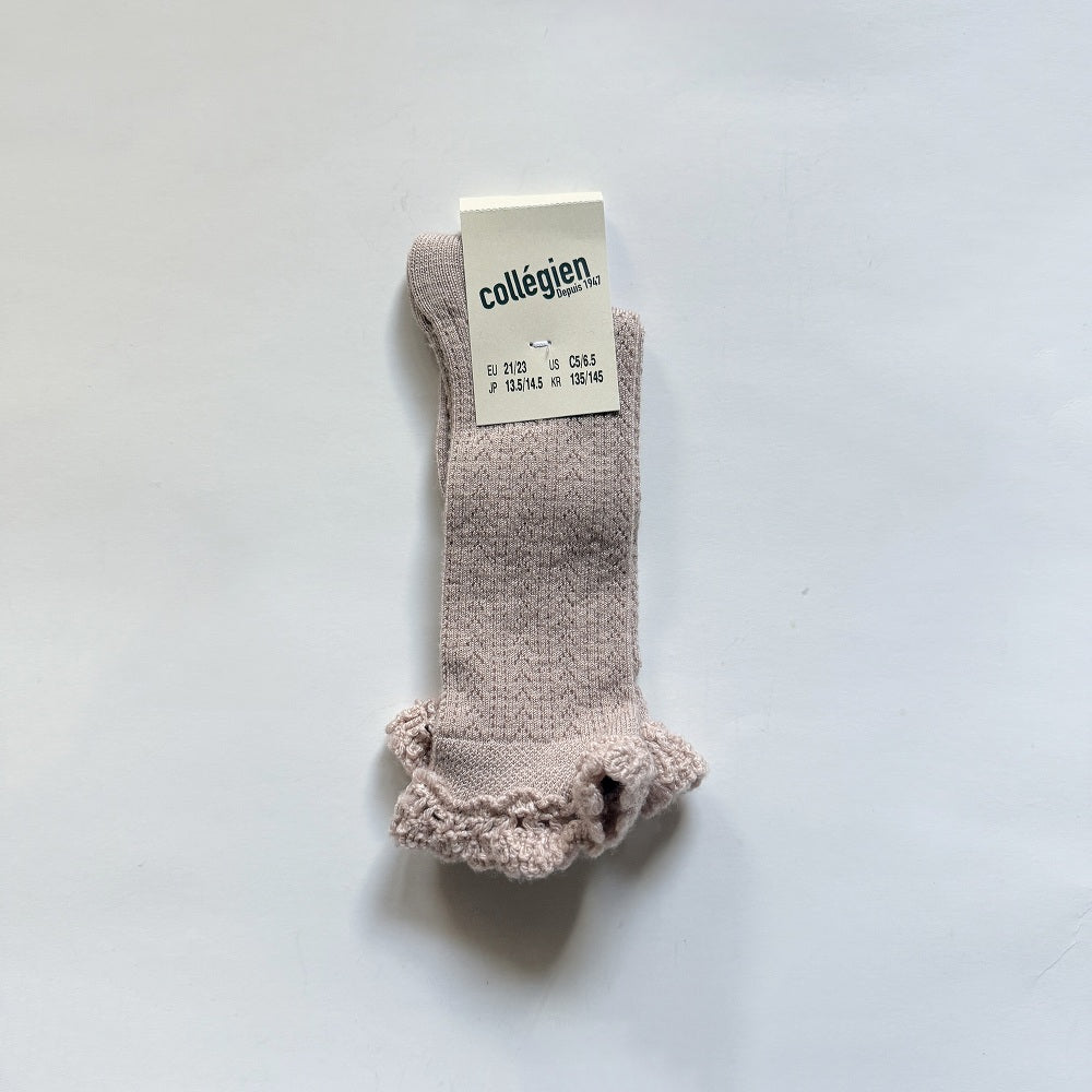 Coll&#233;gien Adeline Pointelle Merino Wool Knee-high Socks with Merino Lace Trim / Vieux Rose