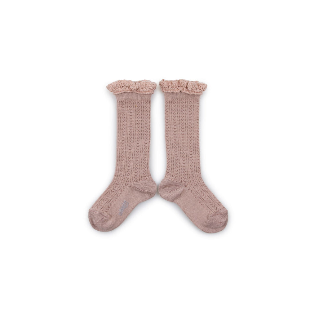 Coll&#233;gien Adeline Pointelle Merino Wool Knee-high Socks with Merino Lace Trim / Vieux Rose