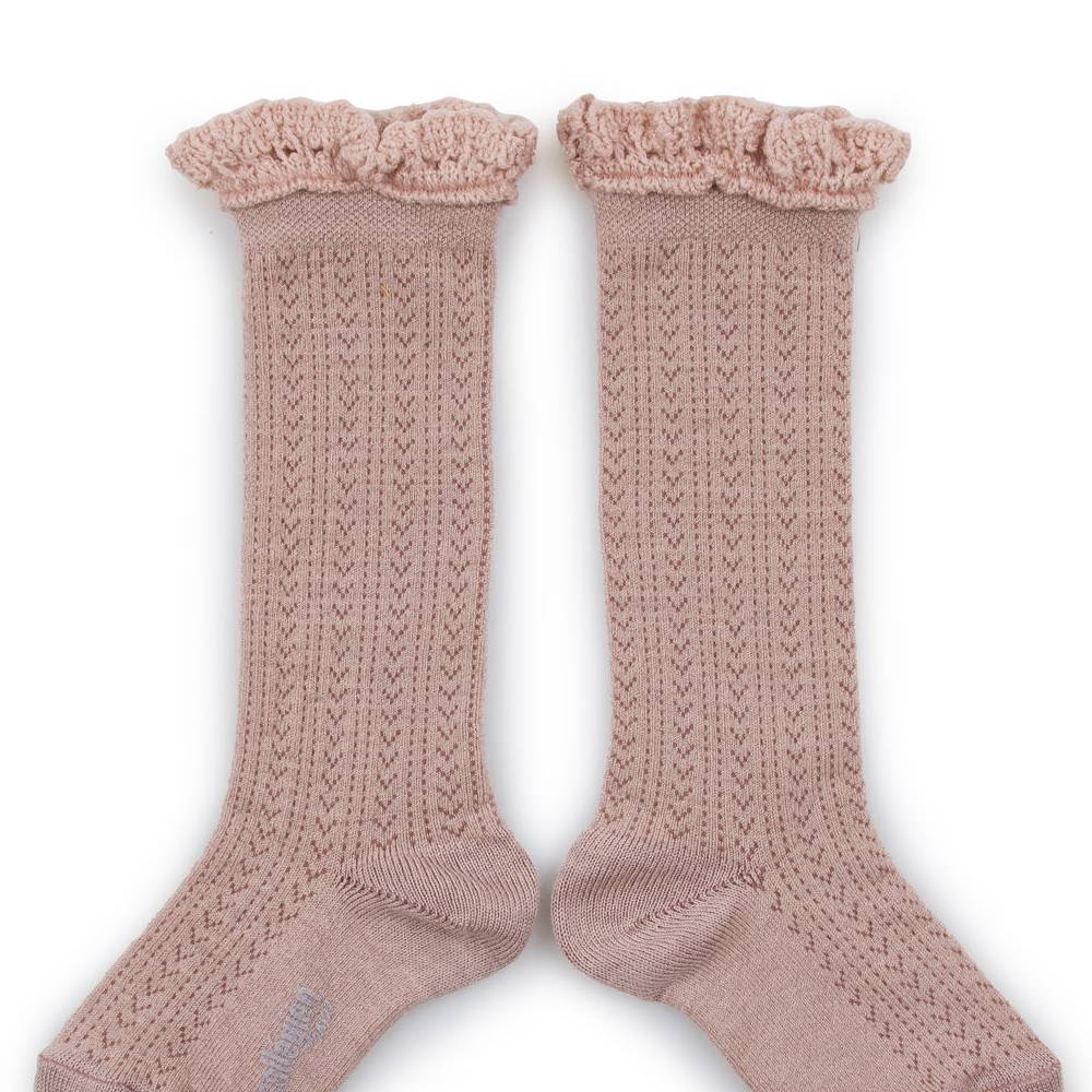 Coll&#233;gien Adeline Pointelle Merino Wool Knee-high Socks with Merino Lace Trim / Vieux Rose