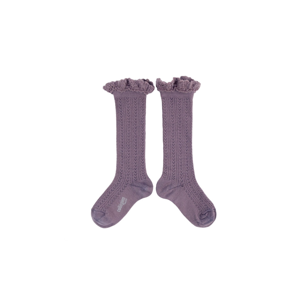 Coll&#233;gien Adeline Pointelle Merino Wool Knee-high Socks with Merino Lace Trim / Glycine du Japon