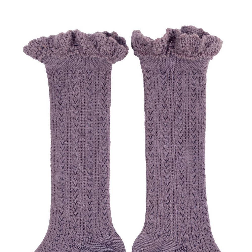 Coll&#233;gien Adeline Pointelle Merino Wool Knee-high Socks with Merino Lace Trim / Glycine du Japon