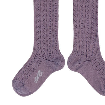 Coll&#233;gien Adeline Pointelle Merino Wool Knee-high Socks with Merino Lace Trim / Glycine du Japon