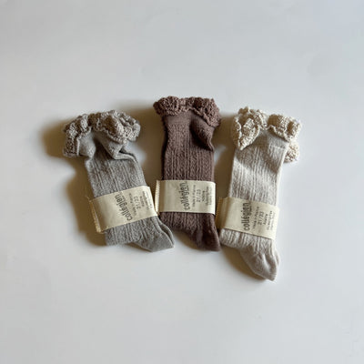 Collégien Adeline Pointelle Merino Wool Knee-high Socks with Merino Lace Trim / Praline de Lyon