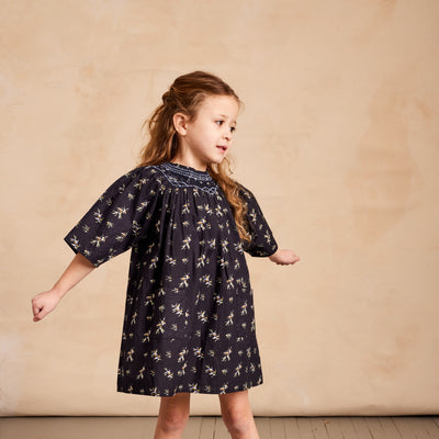 mabo hand smocked gemma dress in navy berry branch