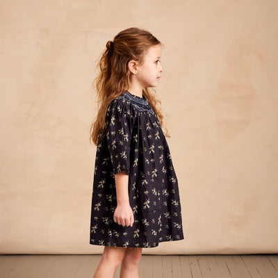 mabo hand smocked gemma dress in navy berry branch