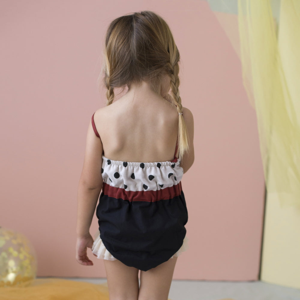 [60%OFF!]Popelin Reversible bathing-suit-style romper suit with black polka dot