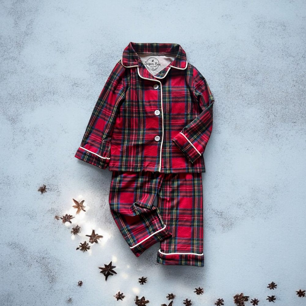 Sugar Bee Button Down Pajamas - Tartan Holiday Lounge